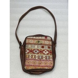 VTG PERSI Handcrafted Leather & Tapestry Shoulder Bag Boho Rug Kilim Purse Brown